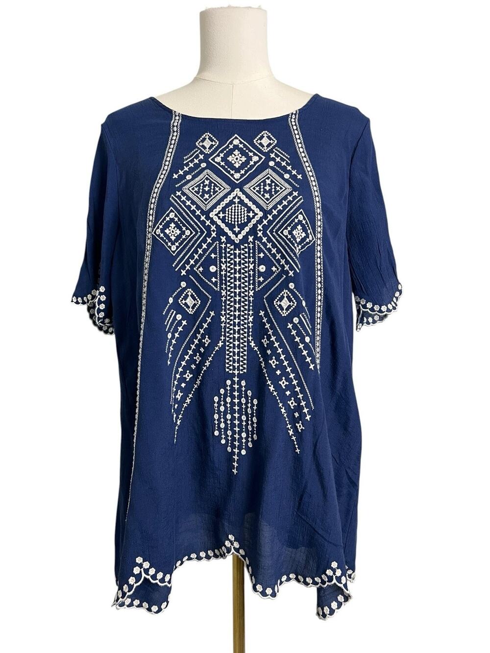 Coldwater Creek Tunic Blouse Womens Large Blue Embroidered Geometric Boho Top